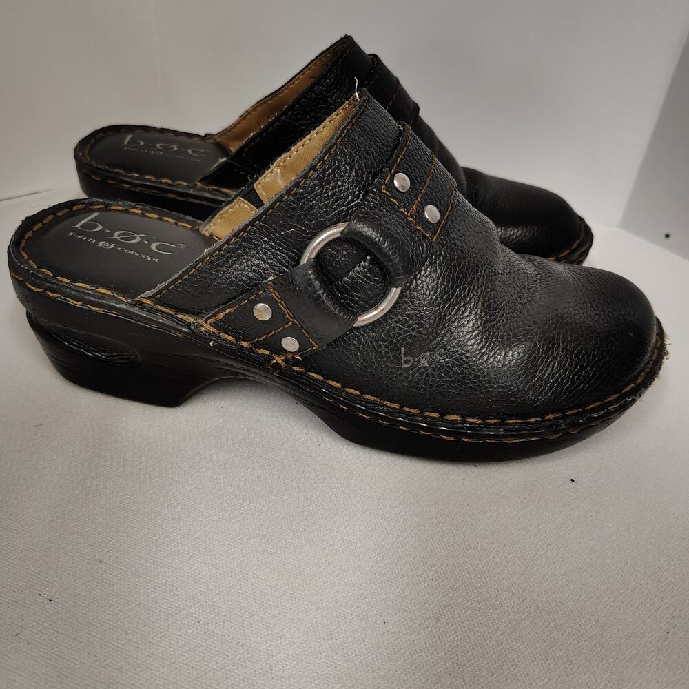 b.o.c Leather Clog Mule Womens Size 7 Black Ring Detail Comfort Slip On